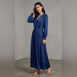 New +Tag Talbots Blue Smocked Long Sleeved Maxi Dress Formal Dress Size 12 Large